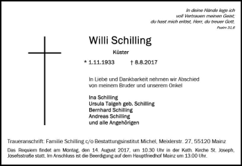 Traueranzeige von Willi Schilling von Trauerportal Rhein Main Presse