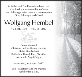 Traueranzeige von Wolfgang Hembel von Trauerportal Rhein Main Presse