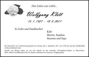 Traueranzeige von Wolfgang Klett von Trauerportal Rhein Main Presse