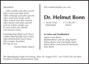 Traueranzeige von Helmut Bonn von  Trauerportal Echo Online