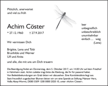 Traueranzeige von Achim Cöster von Trauerportal Rhein Main Presse