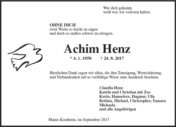 Traueranzeige von Achim Henz von Trauerportal Rhein Main Presse