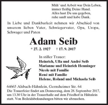 Traueranzeige von Adam Seib von Trauerportal Echo Online