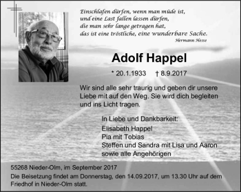 Traueranzeige von Adolf Happel von Trauerportal Rhein Main Presse