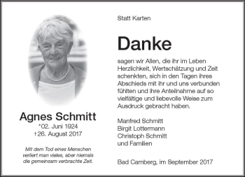 Traueranzeige von Agnes Schmitt von  Camberger Anzeiger