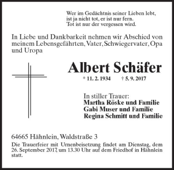 Traueranzeige von Albert Schäfer von Trauerportal Echo Online