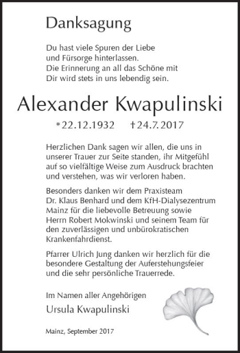 Traueranzeige von Alexander Kwapulinski von Trauerportal Rhein Main Presse
