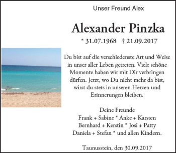 Traueranzeige von Alexander Pinzka von Trauerportal Rhein Main Presse