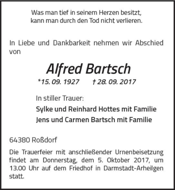 Traueranzeige von Alfred Bartsch von Trauerportal Echo Online