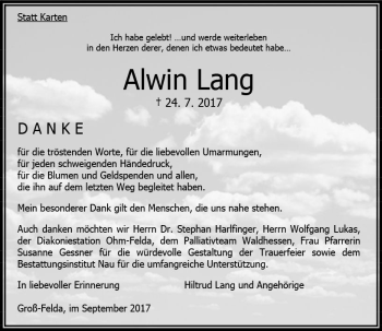 Traueranzeige von Alwin Lang von VRM Trauer
