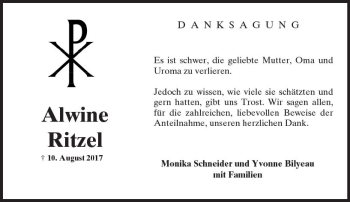 Traueranzeige von Alwine Ritzel von  Kreisanzeiger
