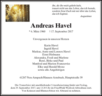 Traueranzeige von Andreas Havel von  Usinger Anzeiger