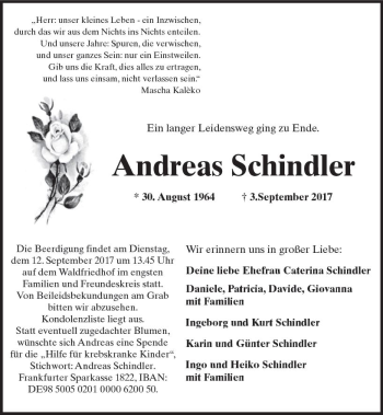 Traueranzeige von Andreas Schindler von Trauerportal Echo Online