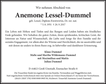 Traueranzeige von Anemone Lessel-Dummel von Trauerportal Echo Online