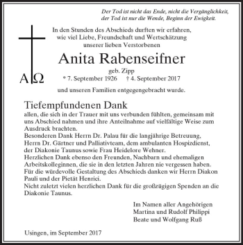 Traueranzeige von Anita Rabenseifner von  Usinger Anzeiger