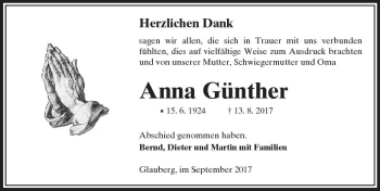 Traueranzeige von Anna Günther von  Kreisanzeiger
