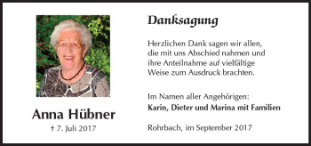 Traueranzeige von Anna Hübner von  Kreisanzeiger