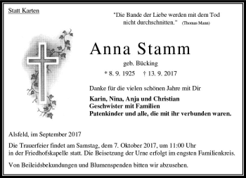 Traueranzeige von Anna Stamm von VRM Trauer