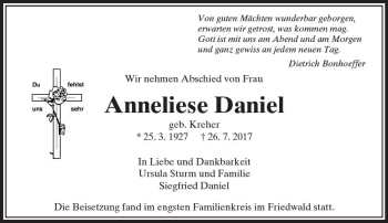 Traueranzeige von Anneliese Daniel von  Camberger Anzeiger