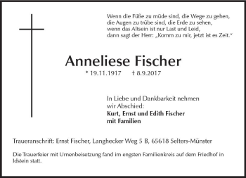 Traueranzeige von Anneliese Fischer von Trauerportal Rhein Main Presse