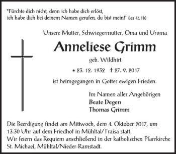 Traueranzeige von Anneliese Grimm von Trauerportal Echo Online
