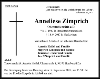 Traueranzeige von Anneliese Zimprich von VRM Trauer