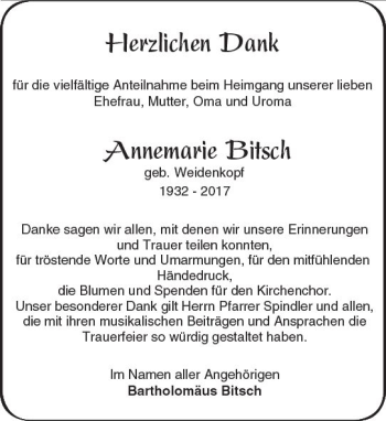 Traueranzeige von Annemarie Bitsch von Trauerportal Echo Online
