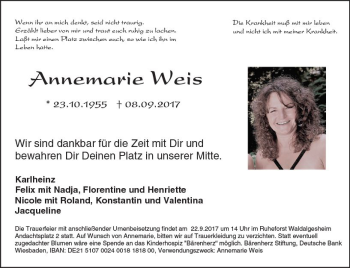 Traueranzeige von Annemarie Weis von Trauerportal Rhein Main Presse