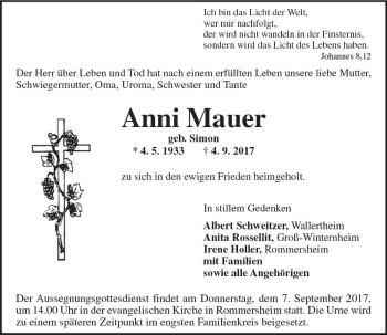 Traueranzeige von Anni Mauer von Trauerportal Rhein Main Presse