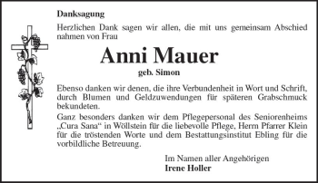 Traueranzeige von Anni Mauer von Trauerportal Rhein Main Presse