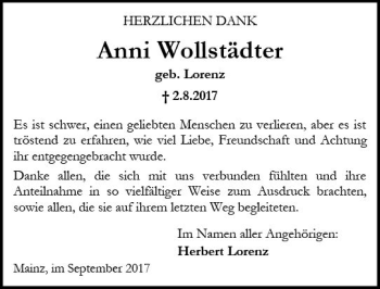 Traueranzeige von Anni Wollstädter von Trauerportal Rhein Main Presse