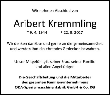 Traueranzeige von Aribert Kremmling von Trauerportal Echo Online
