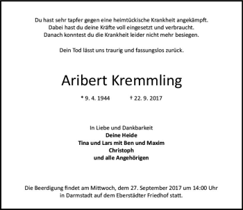 Traueranzeige von Aribert Kremmling von Trauerportal Echo Online