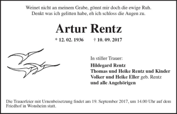 Traueranzeige von Artur Rentz von Trauerportal Rhein Main Presse