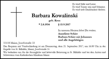 Traueranzeige von Barbara Kowalinski von Trauerportal Rhein Main Presse