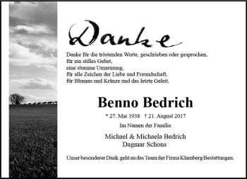 Traueranzeige von Benno Bedrich von Trauerportal Rhein Main Presse