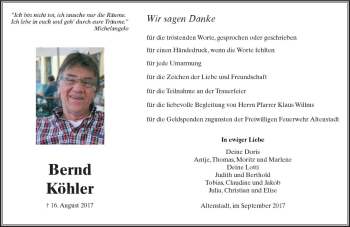 Traueranzeige von Bernd Köhler von  Kreisanzeiger