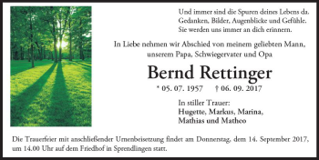 Traueranzeige von Bernd Rettinger von Trauerportal Rhein Main Presse