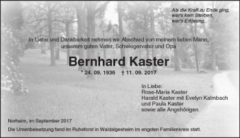 Traueranzeige von Bernhard Kaster von Trauerportal Rhein Main Presse