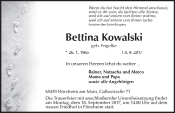 Traueranzeige von Bettina Kowalski von Trauerportal Rhein Main Presse