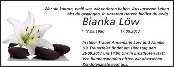 Traueranzeige von Bianka Löw von Trauerportal Echo Online
