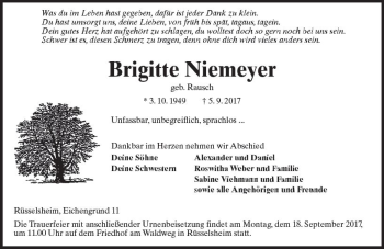 Traueranzeige von Brigitte Niemeyer von Trauerportal Rhein Main Presse