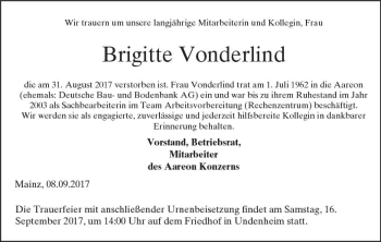 Traueranzeige von Brigitte Vonderlind von Trauerportal Rhein Main Presse