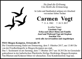 Traueranzeige von Carmen Vogt von Trauerportal Rhein Main Presse