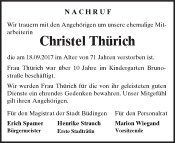 Traueranzeige von Christel Thürich von  Kreisanzeiger