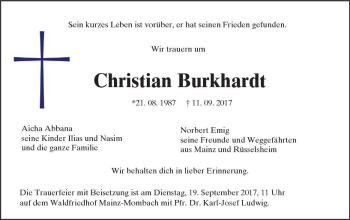 Traueranzeige von Christian Burkhardt von Trauerportal Rhein Main Presse