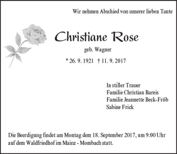 Traueranzeige von Christiane Rose von Trauerportal Rhein Main Presse