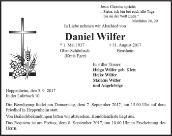 Traueranzeige von Daniel Wilfer von Trauerportal Echo Online