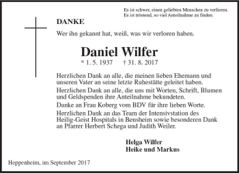 Traueranzeige von Daniel Wilfer von Trauerportal Echo Online