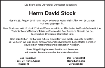 Traueranzeige von David Stock von Trauerportal Echo Online